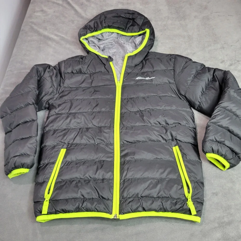 Eddie Bauer Kids Reversible Down Puffer Jacket Black Grey Neon Lime‎ Green S 7/8